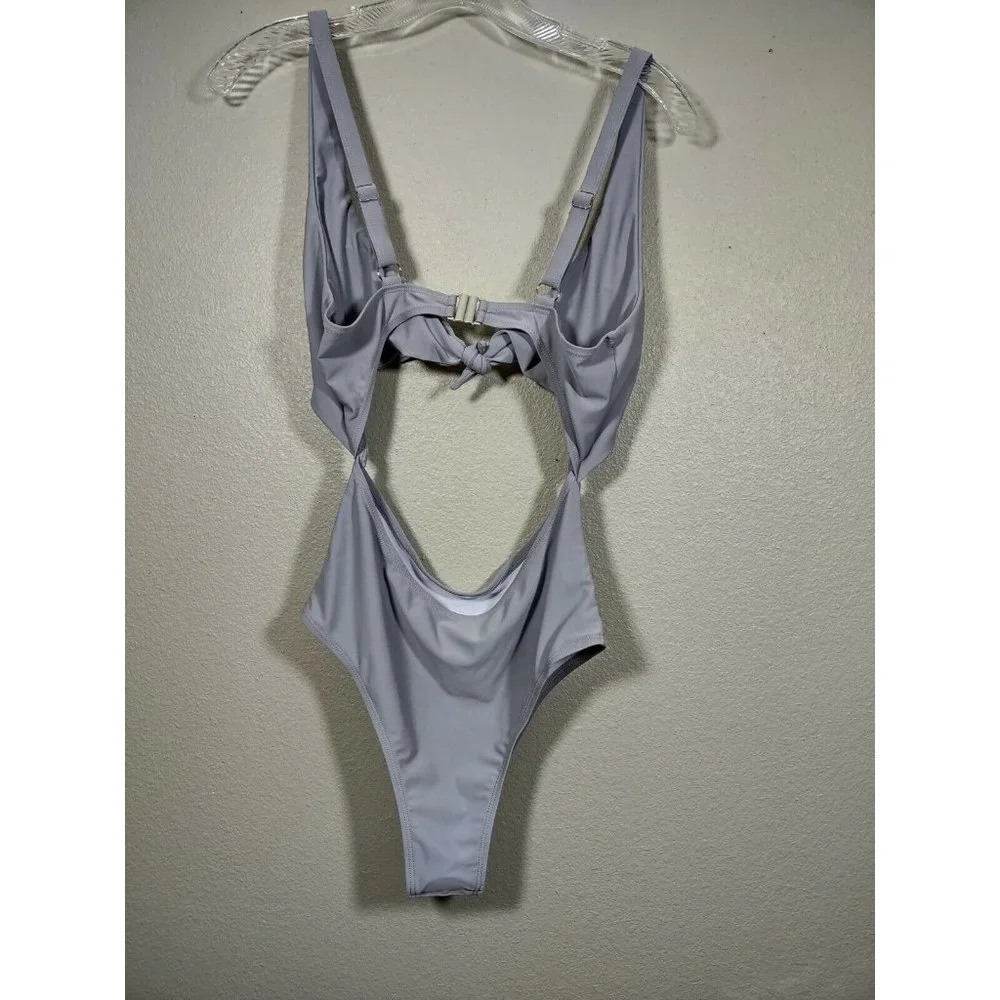 Monokini Swimsuit Light Gray Knot Front Solid One Piece Womens Size Small - Picture 8 of 10